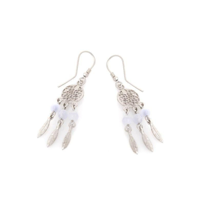 Clous d'oreilles avec agate blue lace naturelle ronde, en argent rhodié 925