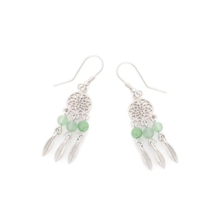 Clous d'oreilles avec aventurine verte naturelle ronde, en argent rhodié 925