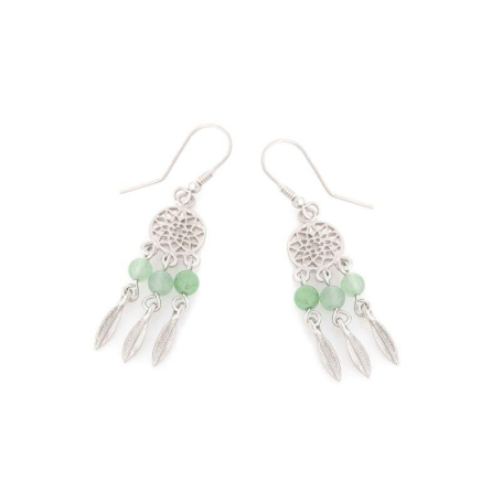 Orecchini a bottone con avventurina verde naturale tonda, in argento 925 rodiato