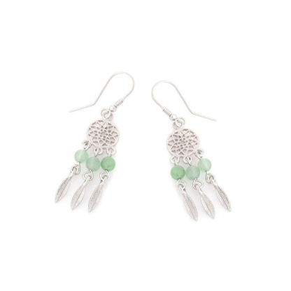 Stud earrings with round natural green aventurine, in 925 rhodium silver