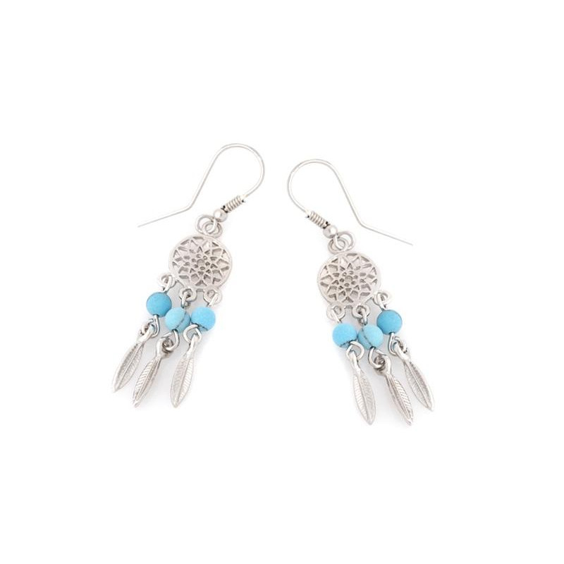 Clous d'oreilles avec turquoise ronde, en argent rhodié 925