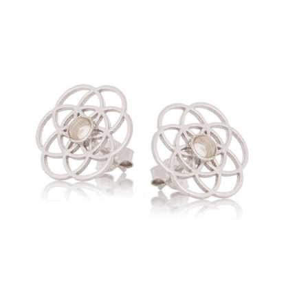 Orecchini fiore della vita con quarzo rosa naturale, in argento 925 rodiato