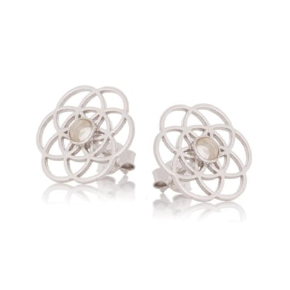 Pendientes flor de la vida con cuarzo rosa natural, en plata 925 rodiada