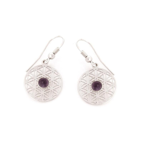 Boucles d'oreilles fleur de vie avec améthyste violette, en argent rhodié 925