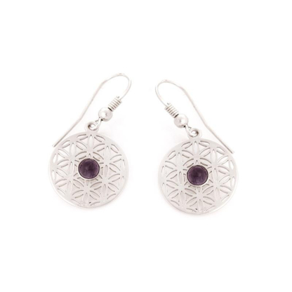 Boucles d'oreilles fleur de vie avec améthyste violette, en argent rhodié 925