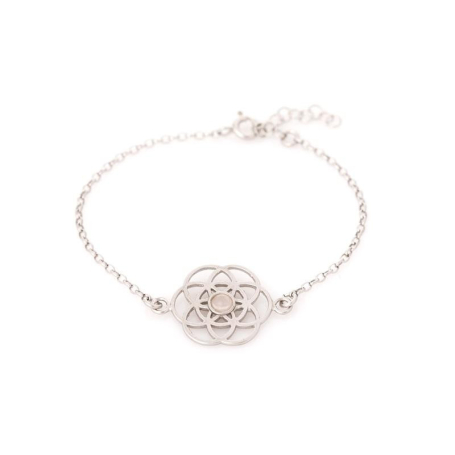 Flower of life bracelet with rose quartz, in 925 rhodium silver, length 16+ 3 cm