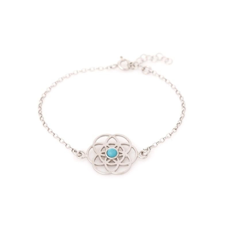 Bracelet fleur de vie avec turquoise, en argent rhodié 925, longueur 16+ 3 cm