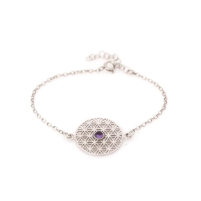 Bracelet fleur de vie avec améthyste violette, argent rhodié 925, 16+ 3 cm