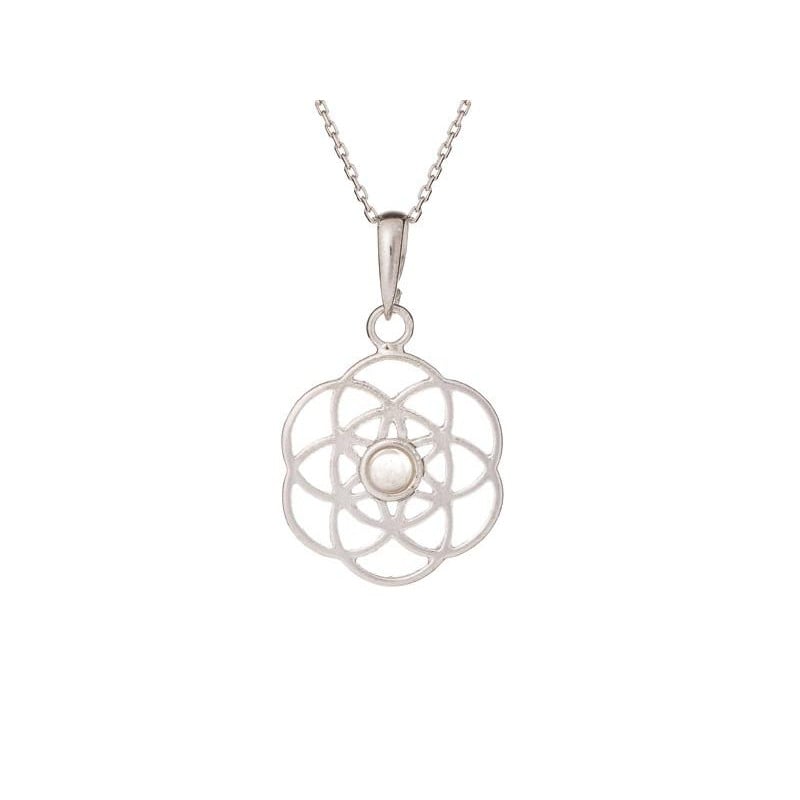 Pingente flor da vida com quartzo rosa, em prata 925 banhada a ródio, diâmetro 2+1 cm