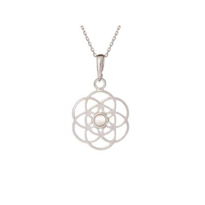 Ciondolo fiore della vita con quarzo rosa, in argento 925 rodiato, diametro 2+1 cm