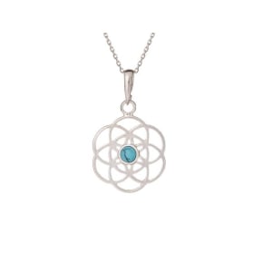 Levensbloem hanger met turquoise, in 925 gerhodineerd zilver, diameter 2+1 cm