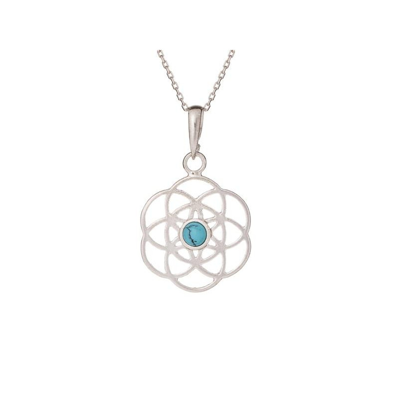 Levensbloem hanger met turquoise, in 925 gerhodineerd zilver, diameter 2+1 cm