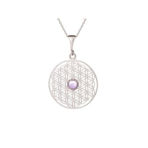 Pingente flor da vida com ametista roxa, prata 925 banhada a ródio, 2,7+1 cm