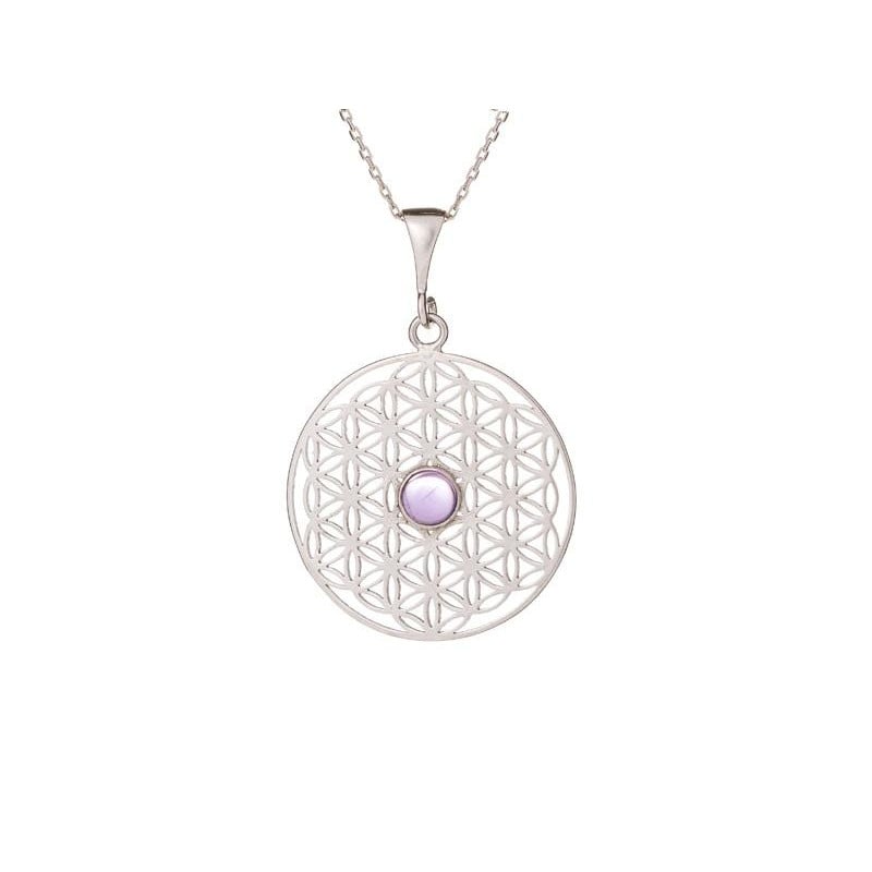 Pingente flor da vida com ametista roxa, prata 925 banhada a ródio, 2,7+1 cm