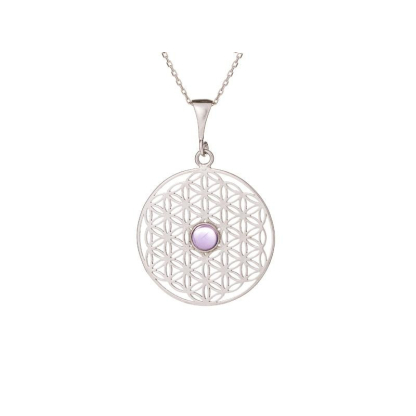 Anhänger Blume des Lebens mit violettem Amethyst, rhodiniertes Silber 925, 2,7+1 cm