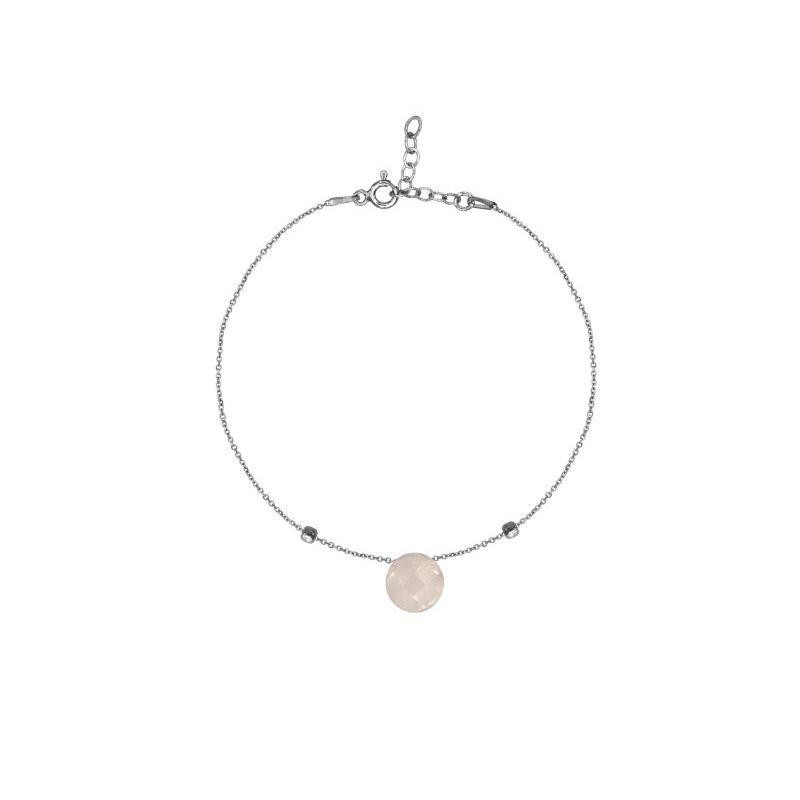 Pulseira com quartzo rosa natural redondo, em prata 925 banhada a ródio, comprimento 16+3 cm