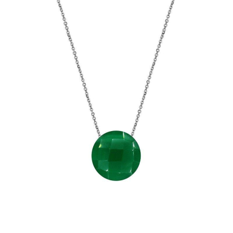 Collana con calcedonio verde tondo, in argento 925 rodiato, lunghezza 42+3 cm