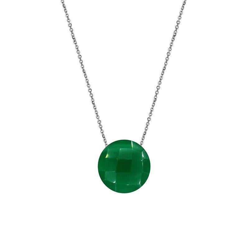 Collana con calcedonio verde tondo, in argento 925 rodiato, lunghezza 42+3 cm