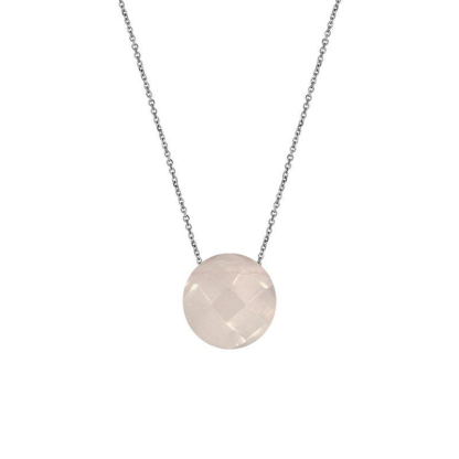 Necklace with round natural rose quartz, in 925 rhodium silver, length 42 + 3 cm