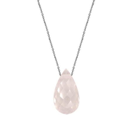 Collier avec quartz rose goutte, en argent rhodié 925, longueur 42 + 3 cm