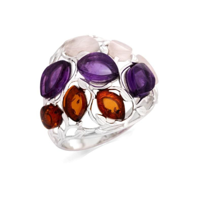 Bague avec multipierres multicolores naturelles, en argent rhodié 925