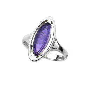 Bague avec améthyste violette naturelle navette, en argent rhodié 925