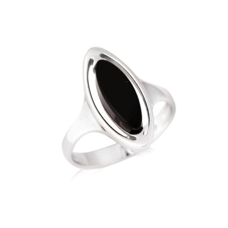 Ring with natural tinted black agate navette, in 925 rhodium silver