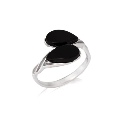 Bague avec agate noire teintée naturelle goutte, en argent rhodié 925