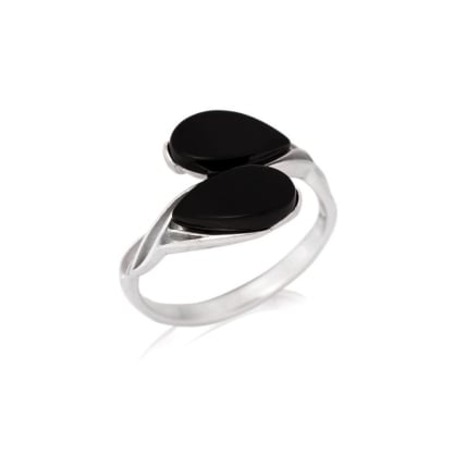 Inel cu picătură de agat negru vopsit natural, din argint 925 placat cu rodiu