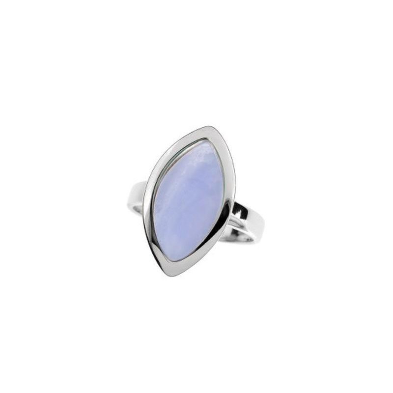 Ring with natural blue lace agate navette, in rhodium silver 925