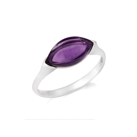 Ring with natural purple amethyst drop, in rhodium silver 925