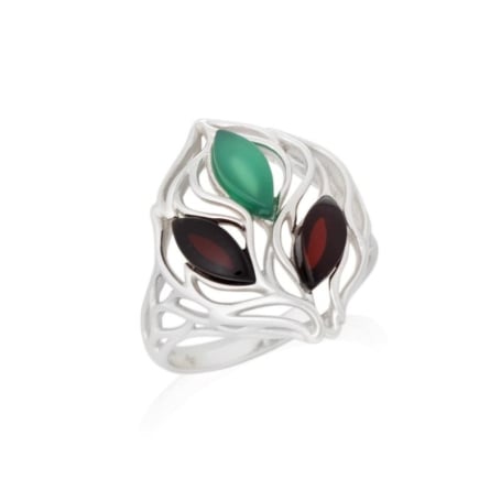 Anillo con ámbar verde natural del Mar Báltico, en plata 925 rodiada