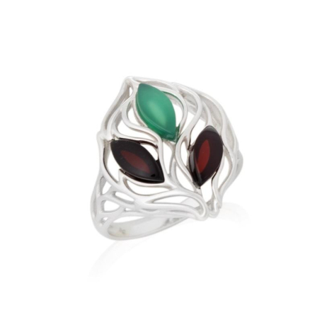 Bague avec ambre vert naturel de la mer Baltique, en argent rhodié 925