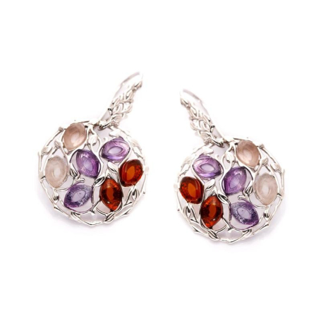 Clous d'oreilles rond avec multipierres multicolores, en argent rhodié 925