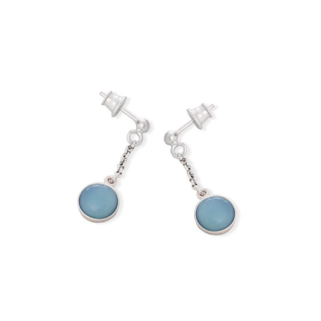 Round dangling earrings with tinted blue agate, 925 rhodium silver