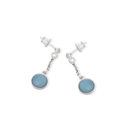 Boucles d'oreilles pendantes ronde avec agate bleue teintée, argent rhodié 925