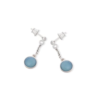 Brincos pendentes redondos com ágata azul tingida, prata 925 banhada a ródio