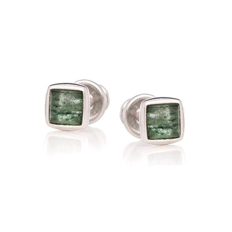Pendientes con aventurina verde natural cuadrada, en plata 925 rodiada