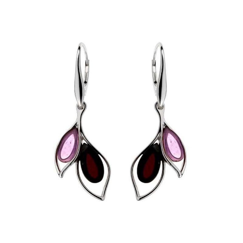 Boucles d'oreilles pendantes avec améthyste et ambre, en argent rhodié 925
