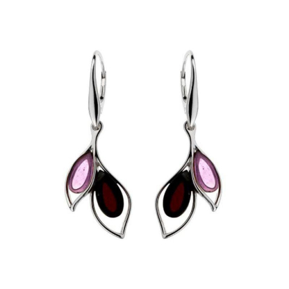 Boucles d'oreilles pendantes avec améthyste et ambre, en argent rhodié 925