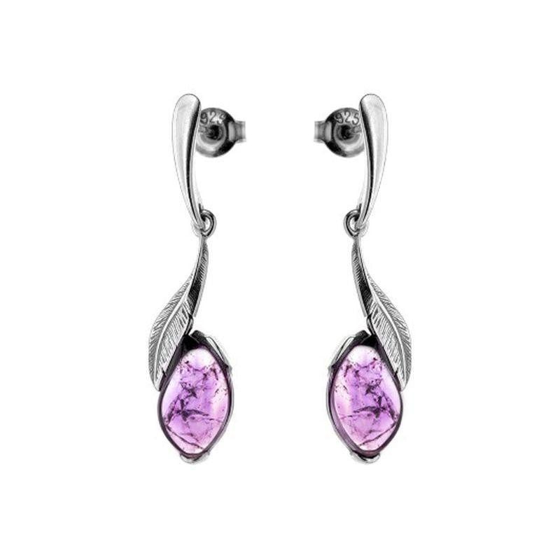 Orecchini pendenti con ametista viola, in argento 925 rodiato