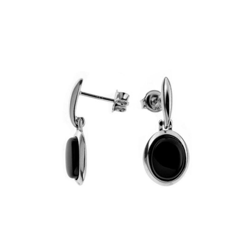Oval Tinted Black Agate Dangle Earrings, 925 Rhodium Silver