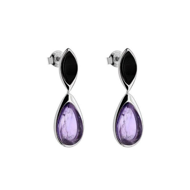 Dangle earrings with amethyst and black agate, in 925 rhodium silver