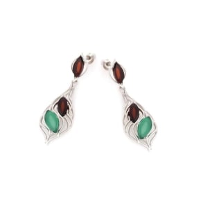 Boucles d'oreilles avec ambre et agate verte, en argent rhodié 925