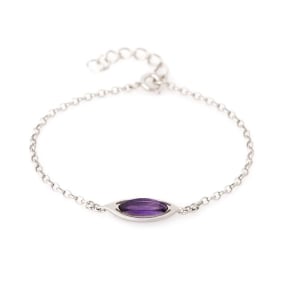 Bracelet avec améthyste violette navette, en argent rhodié 925, longueur 17+3 cm
