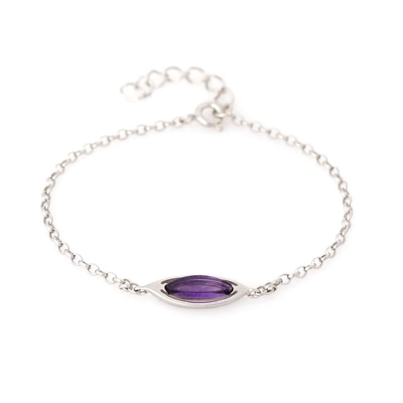 Bracciale con navetta ametista viola, in argento 925 rodiato, lunghezza 17+3 cm