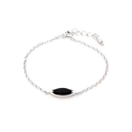 Bracelet avec agate noire teintée navette, argent rhodié 925, longueur 17+3 cm