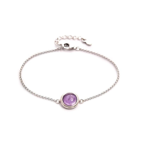 Pulseira com ametista roxa redonda, em prata 925 banhada a ródio, comprimento 15,5+3 cm