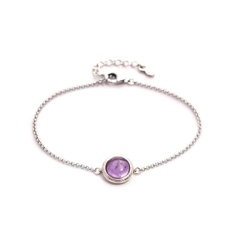 Bracelet avec améthyste violette ronde, en argent rhodié 925, longueur 15,5+3 cm