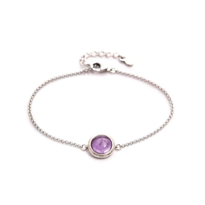 Armband mit rundem violettem Amethyst, aus 925er rhodiniertem Silber, Länge 15,5+3 cm